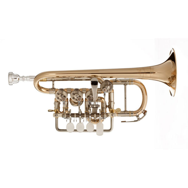 Piccolo Trompet Bb/A Scherzer JS8111L, Rotary Valve 4, Clear Lacque, Gold Brass, Double Case