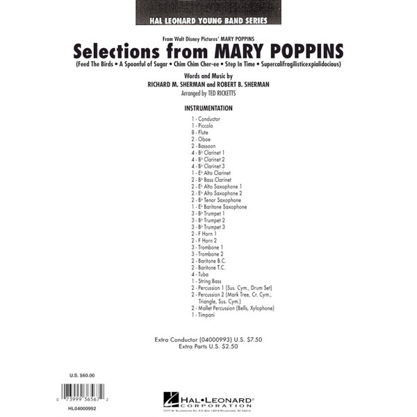 Selections from Mary Poppins, Arr. Ted Ricketts. Concert Band