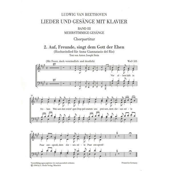 Complete Songs for Voice and Piano, Volume III (Choral Score to No. 2 - 5), Ludwig van Beethoven - Voice and Piano