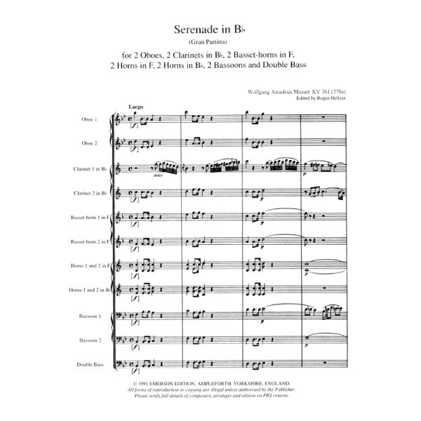 Serenade in Bflat K361 for 13 wind instruments, Mozart, W.A.