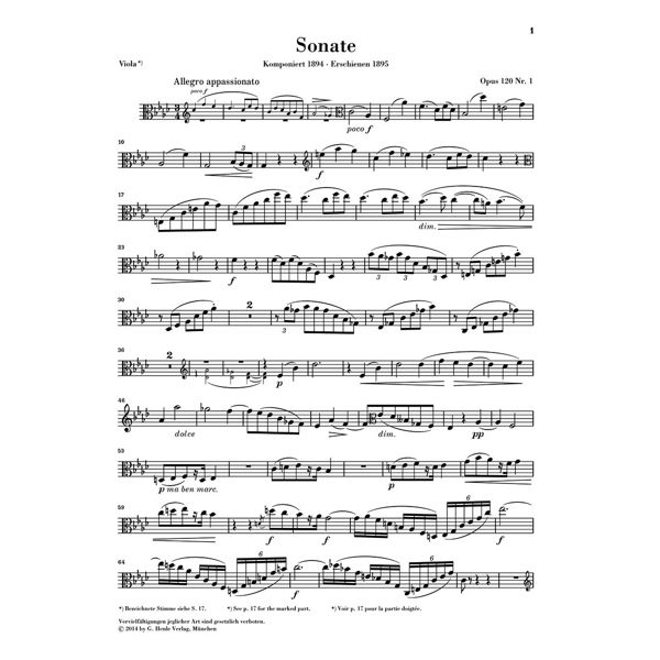 Sonatas for Piano and Clarinet (or Viola) op. 120,1 and 2, Johannes Brahms - Viola part
