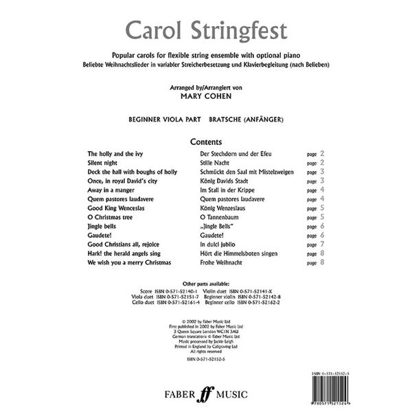 Carol Stringfest - Beginner Viola Part. Mary Cohen