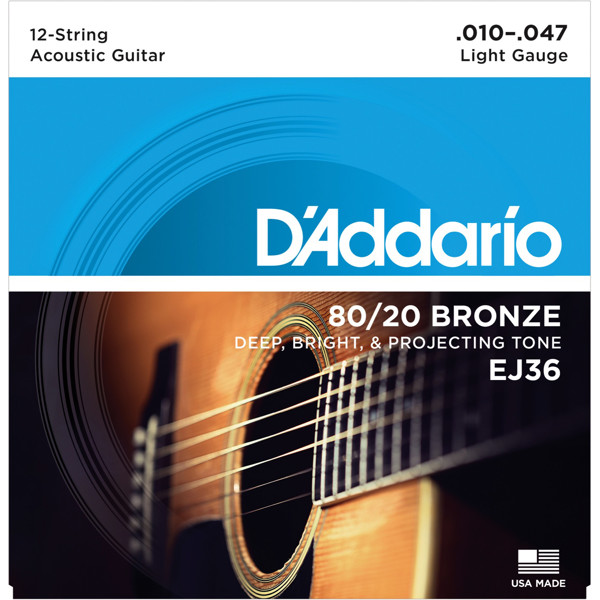 Gitarstrenger Akustisk 12-Strenger D'Addario, EJ36 Bronze 010-047 Light