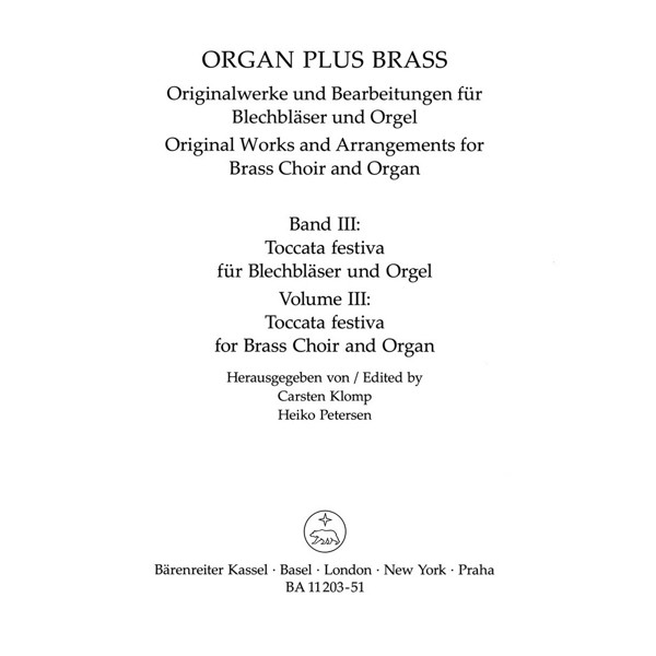 Organ Plus -  Brass Volume 3. Toccata Festiva for Brass Choir and Organ. Windinstruments