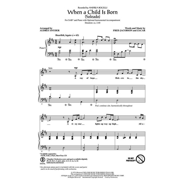 When a Child is Born, Fred Jacobson/Zacar arr. Audrey Snyder. SAB and Piano