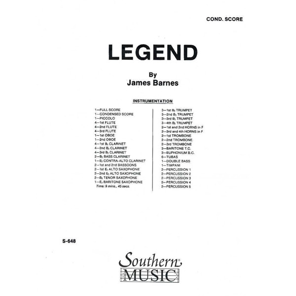 Legend, James Barnes. Condensed Score. Concert Band SCORE ONLY