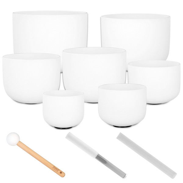 Singing Bowl Set Sela Crystal Frosted Series SECF-SET, 440Hz, 7 Crystal Singing Bowls, 8-14, Incl. 3 Mallets -Wood - Crystal Half - Crystal Full