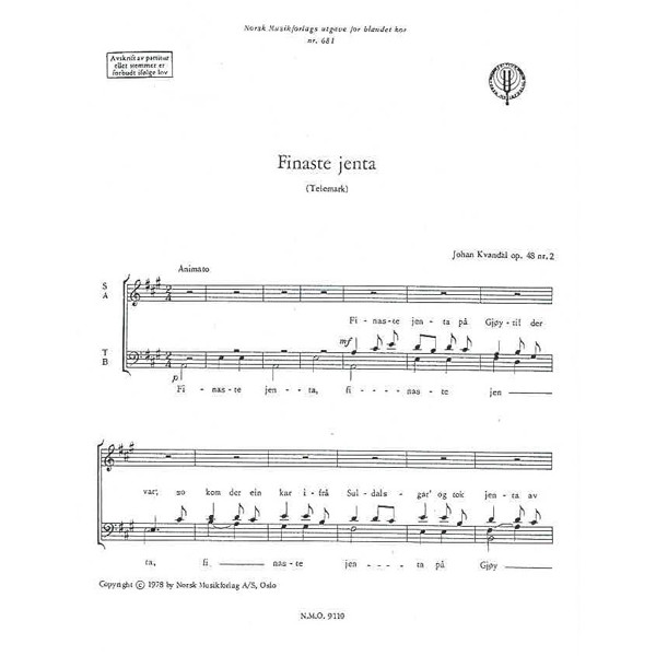 Finaste jenta Op- 42 Nr. 2, Johan Kvandal. SATB