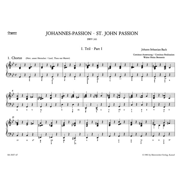 St. John Passion BWV 245, Johannes-Passion, Johann Sebastian Bach. Part Organ