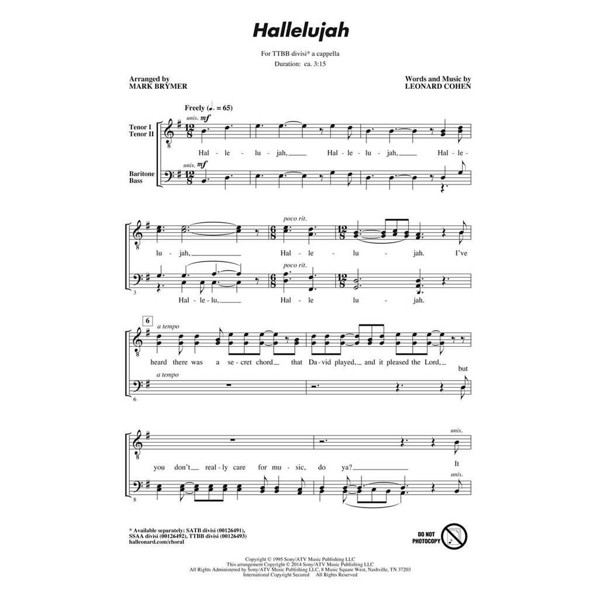 Hallelujah, Leonard Cohen arr. Mark Brymer. TTBB Male Voices