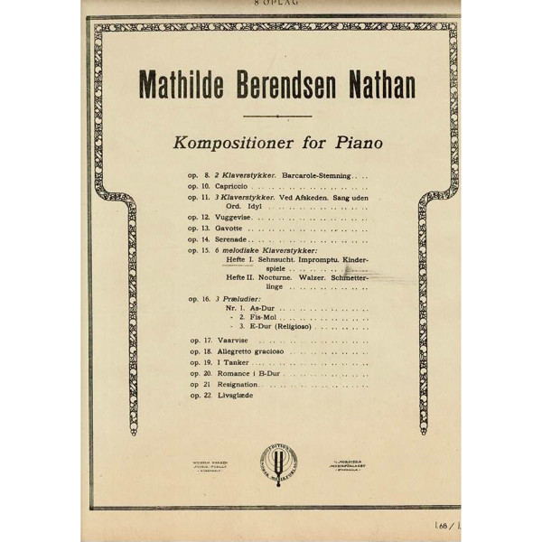 6 Melodiske Klaverstykker Op. 1, Mathilde Berendsen Nathan. Piano