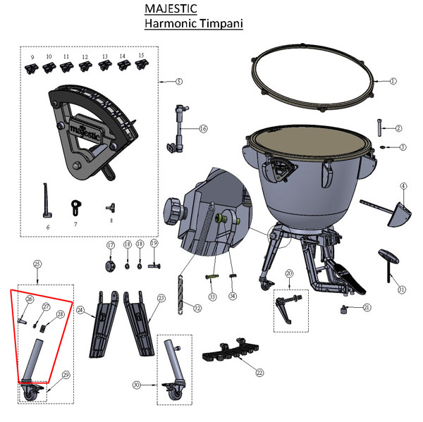 Majestic Sliding Tube DPPMT26-012RKC, Right, w/o Wheel, For Harmonic Timpani