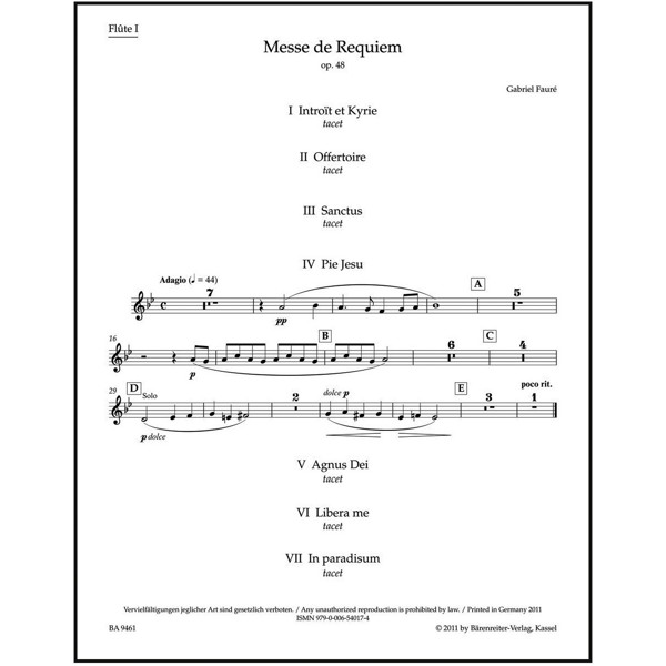 Messe de Requiem op. 48, Gabriel Faure. Wind set Parts